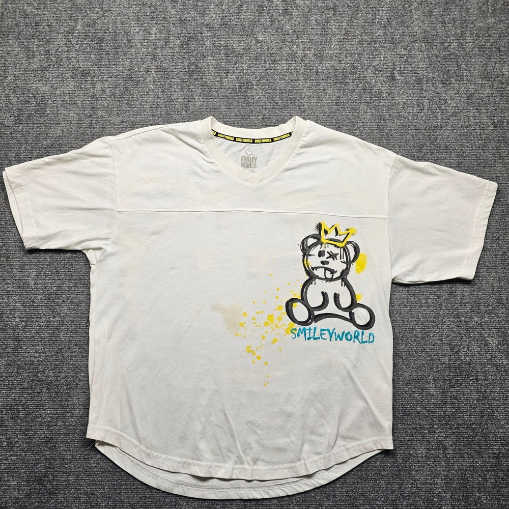 SmileyWorld White Graffiti Bear V-Neck T-Shirt Relaxed Fit Size M Streetwear